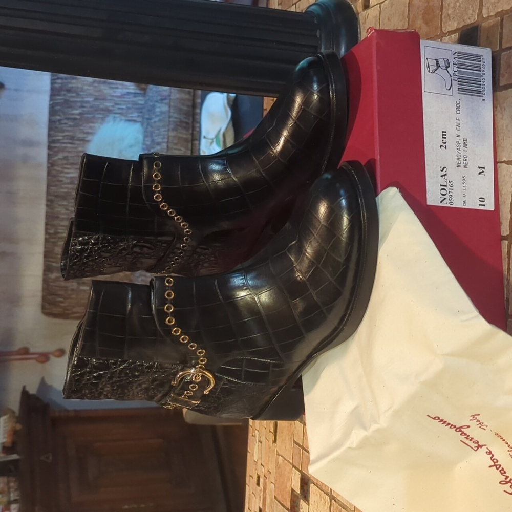 Salvatore Ferragamo Black Embossed Leather Boots